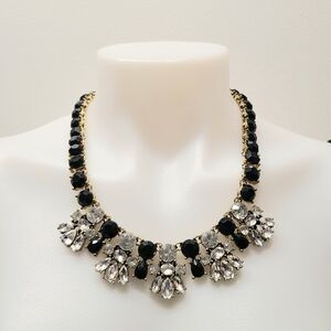Youmi K Jewel Statement Necklace Black Clear Sparkling Stones Gold Setting 18"